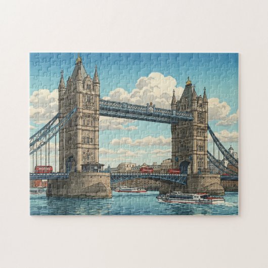 London Tower Bridge Japanese Woodblock Print ジグソーパズル (横)