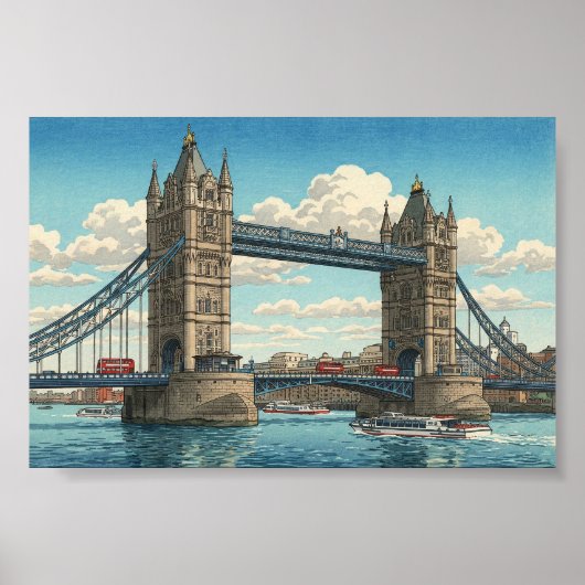 London Tower Bridge Japanese Woodblock Print ポスター (正面)