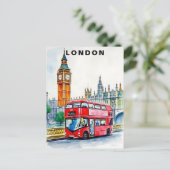 London UK Bus Travel Watercolor  ポストカード (スタンド正面)