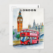 London UK Bus Travel Watercolor  ポストカード (正面/裏面)