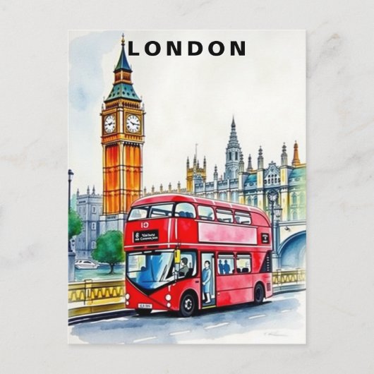London UK Bus Travel Watercolor  ポストカード (正面)
