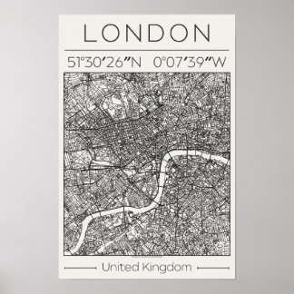 London UK Charcoal City Map Poster Minimal Wall ポスター