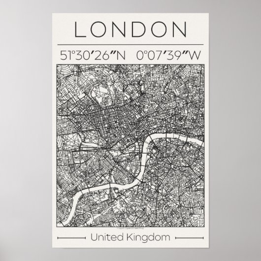 London UK Charcoal City Map Poster Minimal Wall ポスター (正面)