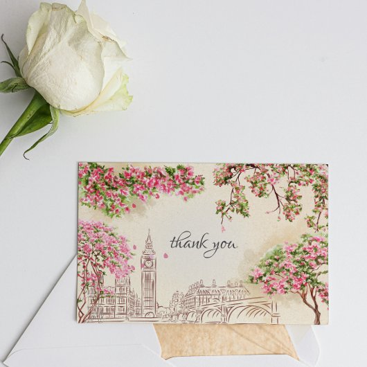 London Wedding Thank You Card with Floral Skyline カード