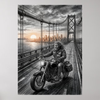  Lone Biker Crosses Suspension Bridge City Skyline ポスター
