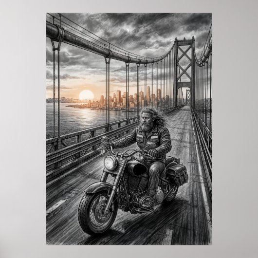  Lone Biker Crosses Suspension Bridge City Skyline ポスター (正面)