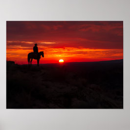 Lone Cowboy Silhouette Dramatic Red Sunset Western ポスター