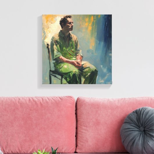 lone figure seated sparsely furnished room.... キャンバスプリント (インサイチュ (リビング))