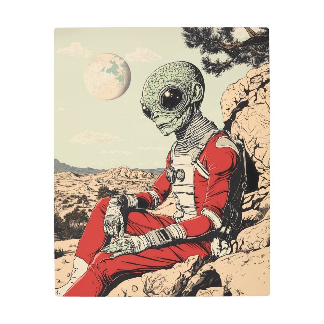 Lone Martian: AレトロSci-Fiエイリアンエクスプローラー メタルプリント (正面)