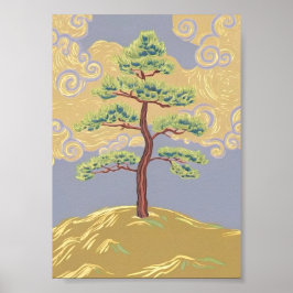 Lone Pine Tree on Foggy Hillside Art Poster  ポスター