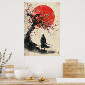 Lone Samurai – Red Sun Japanese Ink Art ポスター (キッチン)