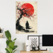 Lone Samurai – Red Sun Japanese Ink Art ポスター (ホームオフィス)