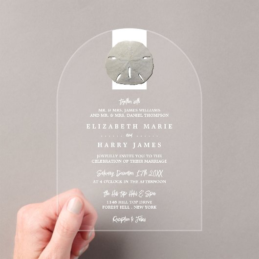 Lone Sand Dollar - Charcoal Gray - Beach Wedding アクリル招待状 (インサイチュ (ポータブル))