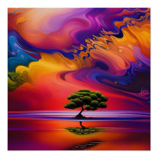 Lone Tree in Water colorful sky ポスター (正面)