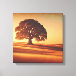 Lone Tree Under Vintage Sunset in Field Canvas キャンバスプリント