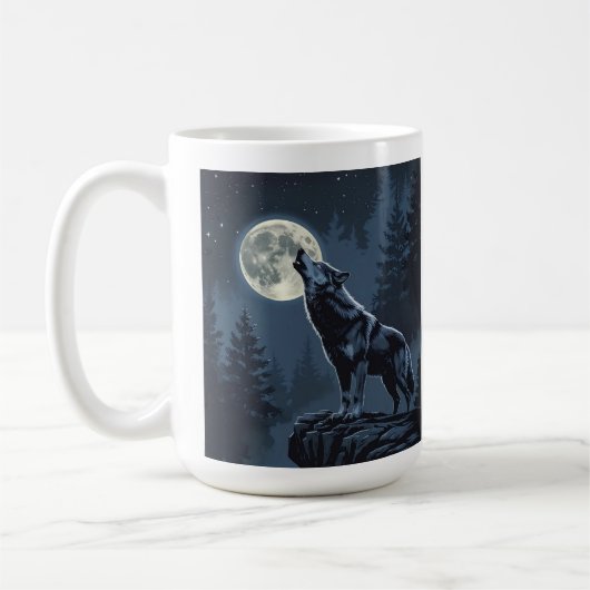 Lone Wolf Howling at the Moon Night Forest Art コーヒーマグカップ (左)