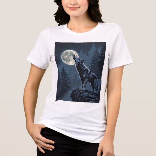 Lone Wolf Howling at the Moon Night Forest Art トライブレンドＴシャツ (正面)