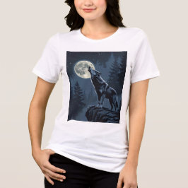 Lone Wolf Howling at the Moon Night Forest Art トライブレンドＴシャツ