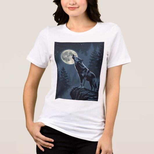 Lone Wolf Howling at the Moon Night Forest Art トライブレンドＴシャツ (正面)