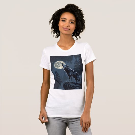 Lone Wolf Howling at the Moon Night Forest Art Tシャツ (正面フル)