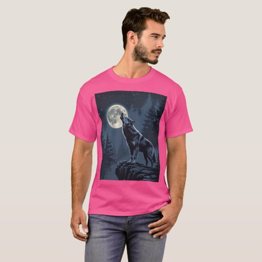 Lone Wolf Howling at the Moon Night Forest Art Tシャツ (正面フル)