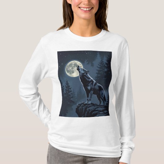 Lone Wolf Howling at the Moon Night Forest Art Tシャツ (正面)