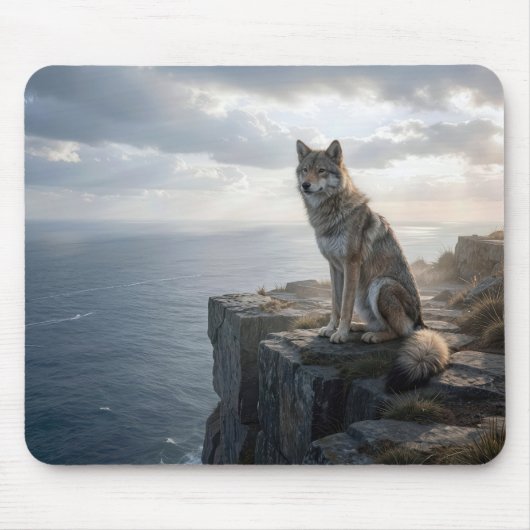 Lone Wolf On an Rocky Ocean Cliff マウスパッド (正面)