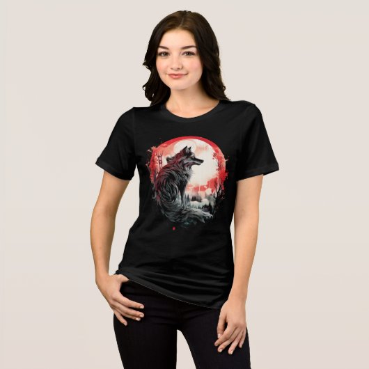 Lone Wolf Under Moon – Red Forest Art トライブレンドＴシャツ (正面全面)