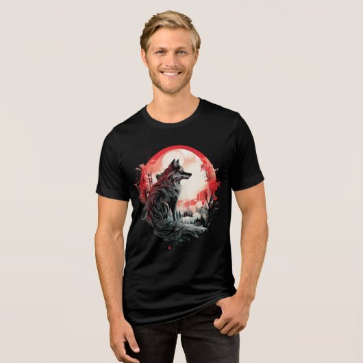 Lone Wolf Under Moon – Red Forest Art トライブレンドＴシャツ (正面全面)