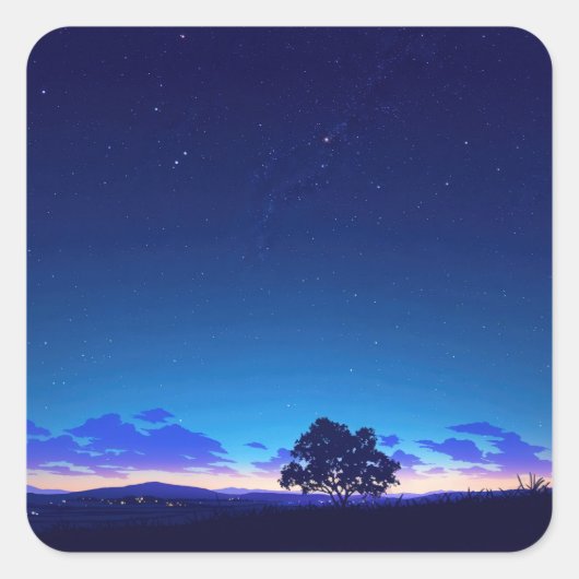 Lonely Tree Silhouette Under Starry Night Sky スクエアシール (正面)