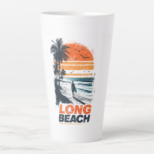 Long Beach California Retro Sunset Palm Tree Beach カフェラテマグ (正面)