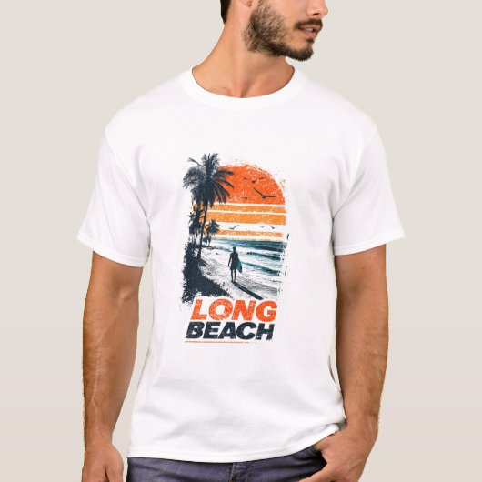 Long Beach California Retro Sunset Palm Tree Beach Tシャツ (正面)