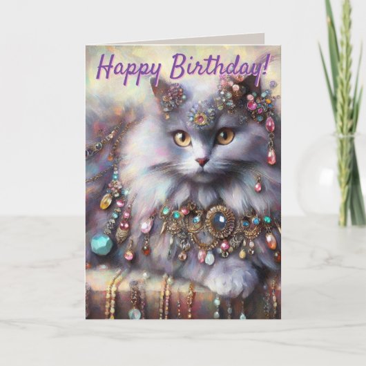 Long Hair Cat Jewels Personalized Birthday Card カード (正面)