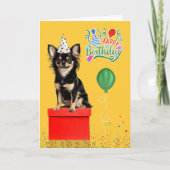 Long Hair Chihuahua Dog Party Hat Yellow Birthday カード (正面)