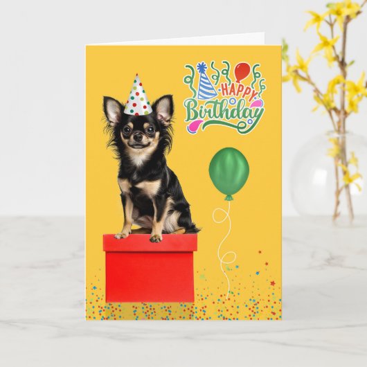 Long Hair Chihuahua Dog Party Hat Yellow Birthday カード (黄色い花)