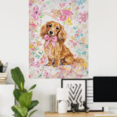 Long Hair Dachshund Watercolor Pastel Floral  ポスター (ホームオフィス)