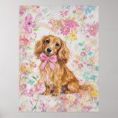 Long Hair Dachshund Watercolor Pastel Floral  ポスター (正面)