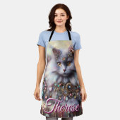 Long Hair Gray Cat w/Jewels Gemstones Personalized エプロン (着用した状態)