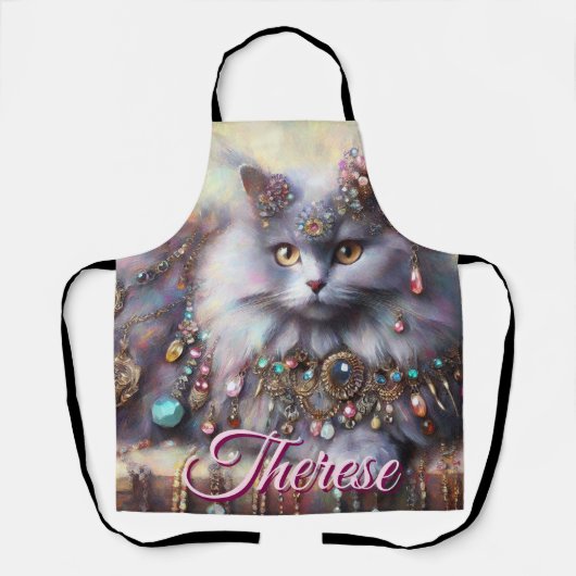 Long Hair Gray Cat w/Jewels Gemstones Personalized エプロン (正面)