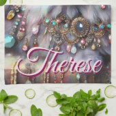 Long Hair Gray Cat w/Jewels Gemstones Personalized キッチンタオル (折り畳み)