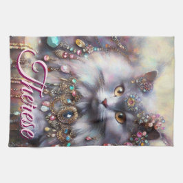 Long Hair Gray Cat w/Jewels Gemstones Personalized キッチンタオル