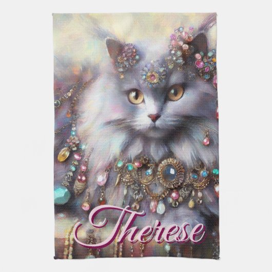 Long Hair Gray Cat w/Jewels Gemstones Personalized キッチンタオル (縦)