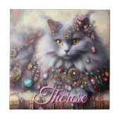 Long Hair Gray Cat w/Jewels Gemstones Personalized タイル (正面)