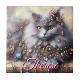Long Hair Gray Cat w/Jewels Gemstones Personalized タイル