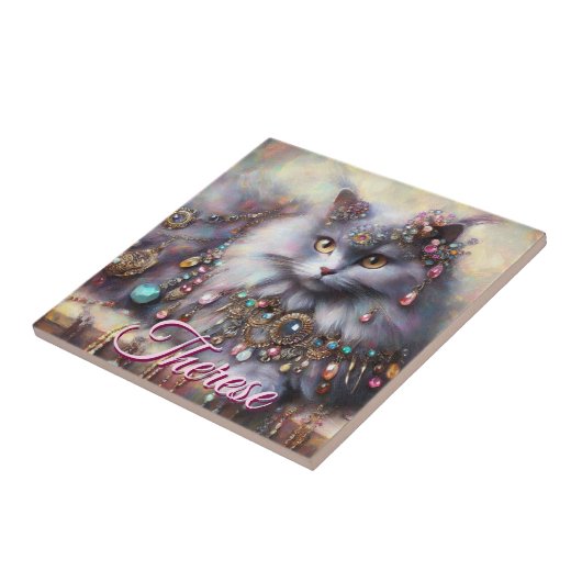 Long Hair Gray Cat w/Jewels Gemstones Personalized タイル (側面)