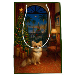 Long-haired Chihuahua Holiday  ミディアムペーパーバッグ