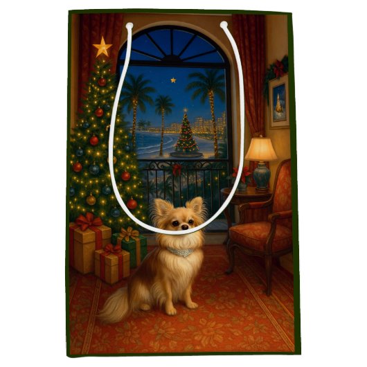 Long-haired Chihuahua Holiday  ミディアムペーパーバッグ (正面)