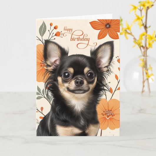 Long Haired Chihuaua Dog Bold Retro Birthday カード (黄色い花)