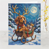 Long-Haired Dachshund Reindeer Sleigh カード (黄色い花)