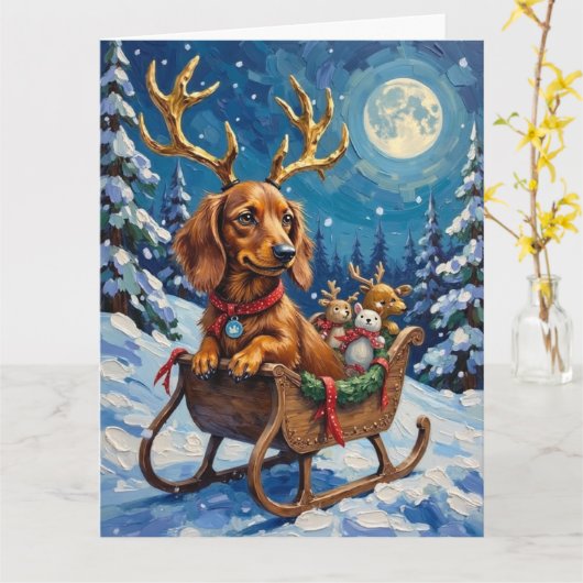 Long-Haired Dachshund Reindeer Sleigh カード (黄色い花)